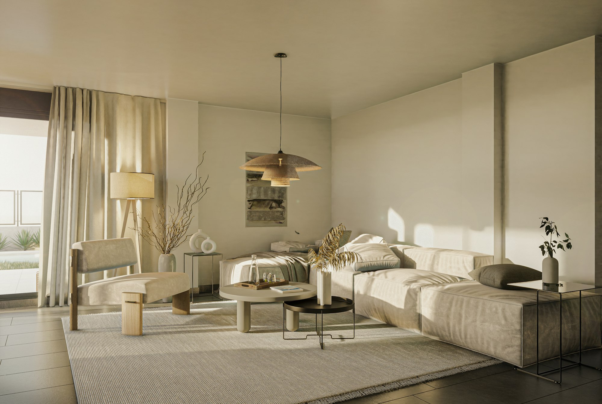 A calm living room in soft natural light, with linen sofa and timber floors